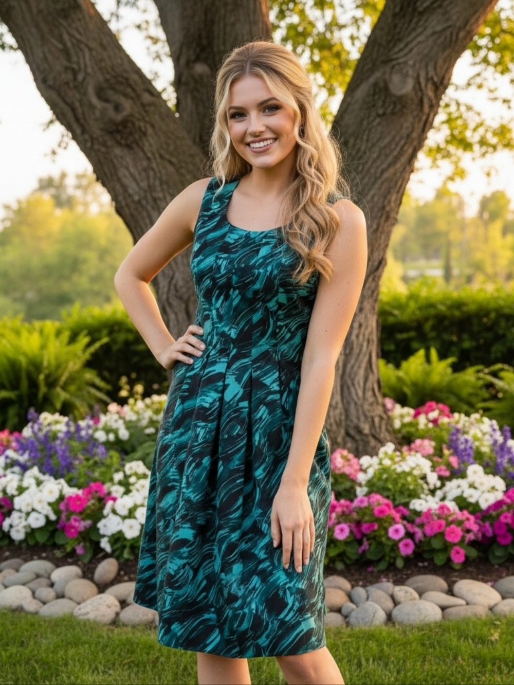 Simply Vera Vera Wang Teal & Black Abstract Sleeveless Sheath Dress | Size 6